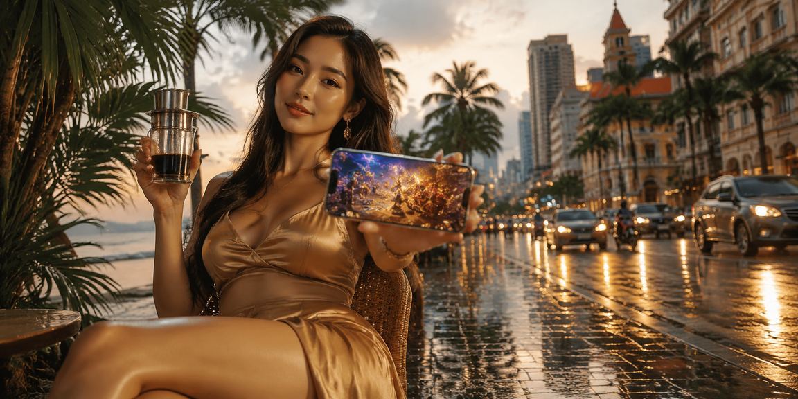 Người dùng tại Hồ Chí Minh thư giãn với cà phê và kiểm tra tài khoản cá cược trên điện thoại